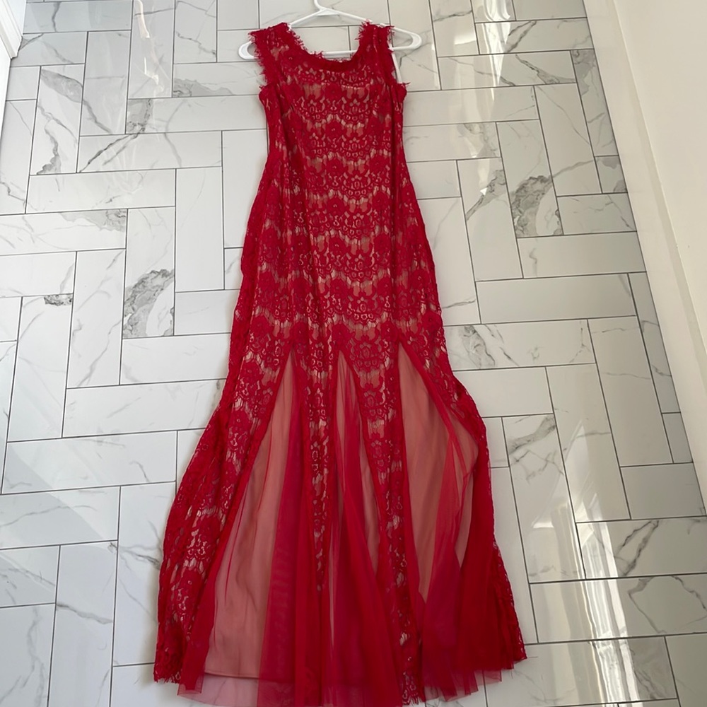 Red lace maxi dress